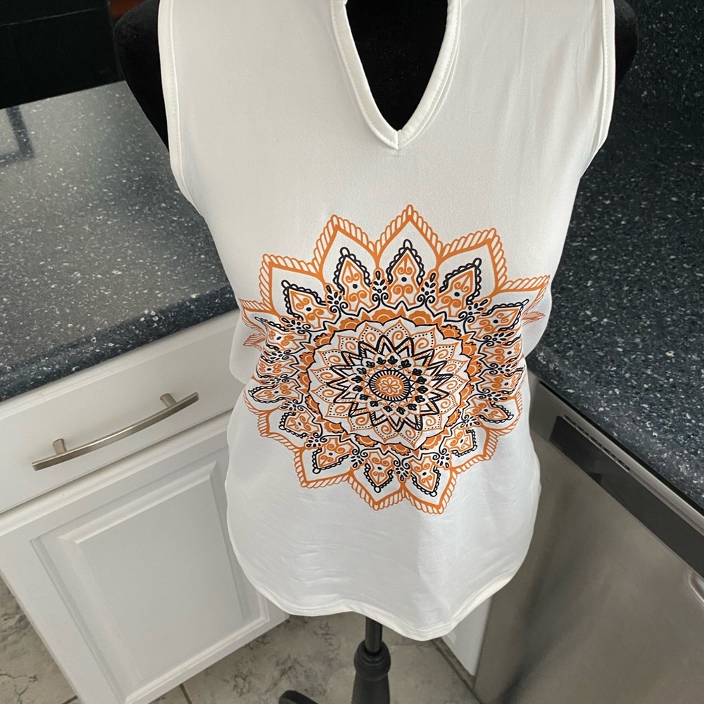 White Sleeveless V-Neck Tank Top with Orange Mandala Print